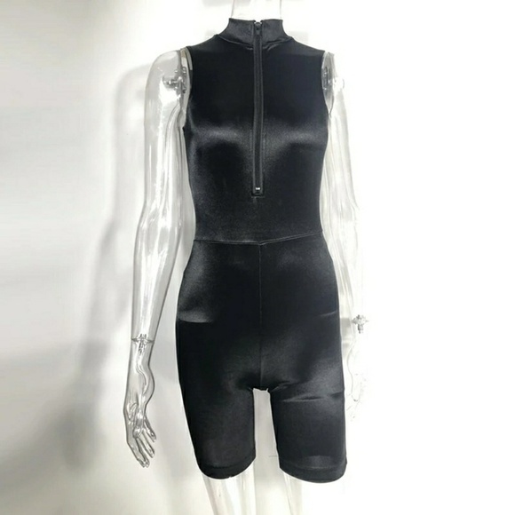 Satin Black Romper w/ Zipper - Picture 3 of 4